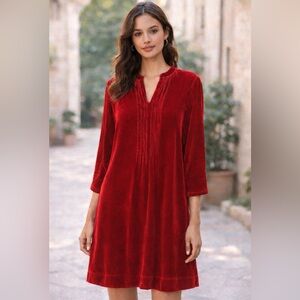 Sundance Cranberry Red Velvet Dress Pleated V-Neck‎ Long Sleeve Size M